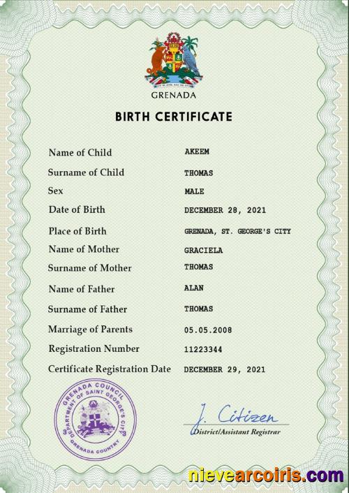 Grenada vital record birth certificate